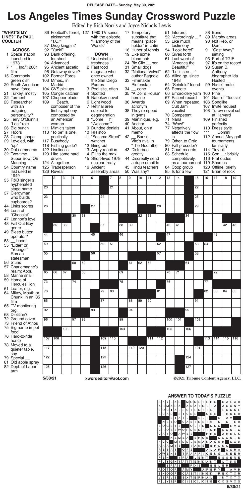 Crossword By La Times 5 30 Messenger Inquirer Com