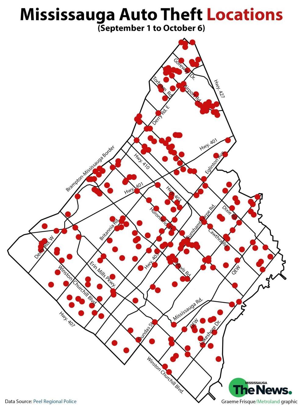 MAP Recent auto theft locations in Mississauga