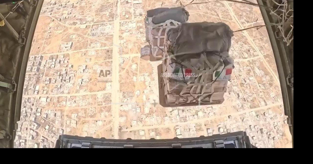 First shipment of humanitarian aid airlifted from Italy to Gaza dropped into the Strip