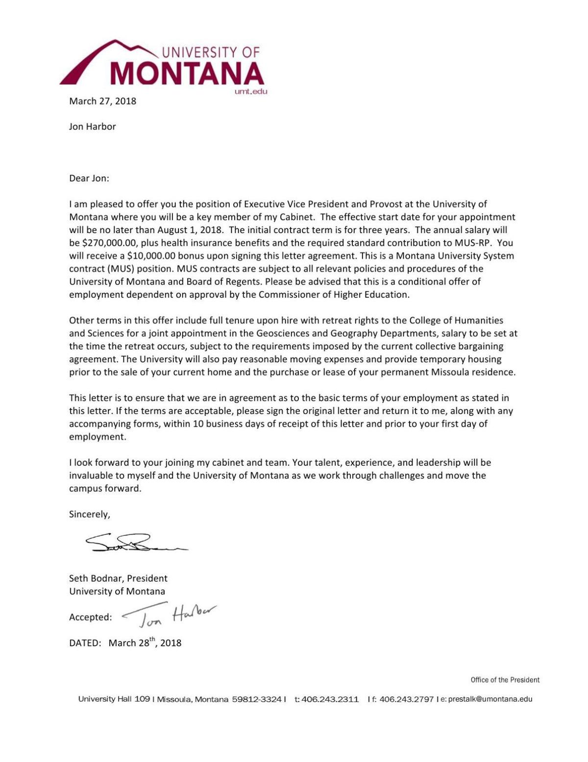 Offer letter to provost