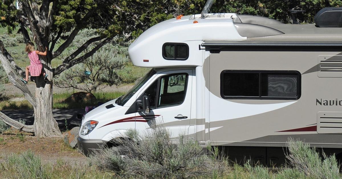 Cedar Yasord climbs a tree next to her family's RV at the Mammoth Hot Springs campground at Yellowstone National Park during a recent summer. Scenic n