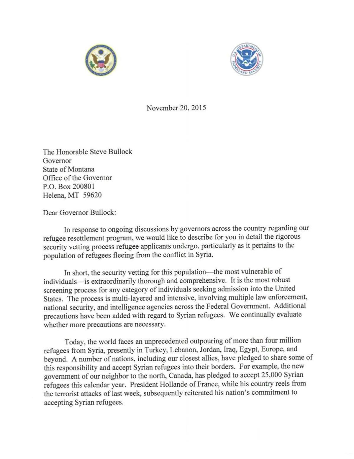 Letter To Gov Bullock From Homeland Security And State Department Missoulian Com Gov Bullock From Homeland Security