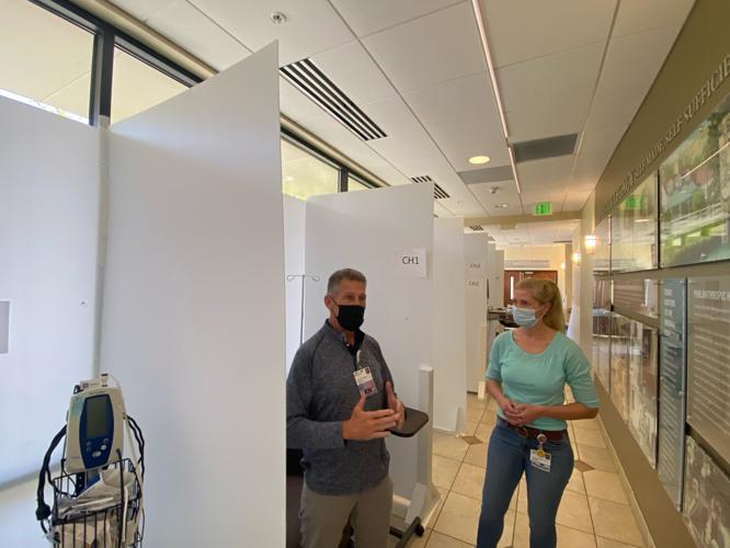 A hallway at Billings Clinic that has been converted into several small patient rooms
