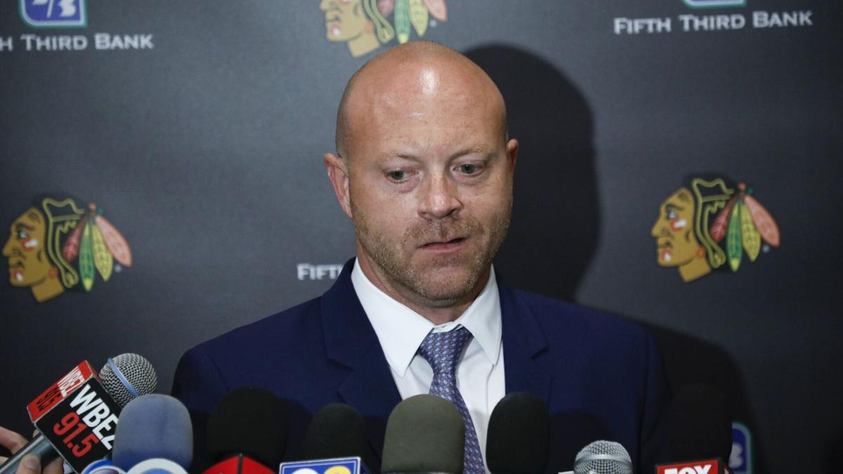 Blackhawks general manager Stan Bowman speaks to the media on the first day of training camp o.n Sept. 13, 2019, at Fifth Third Arena in Chicago.