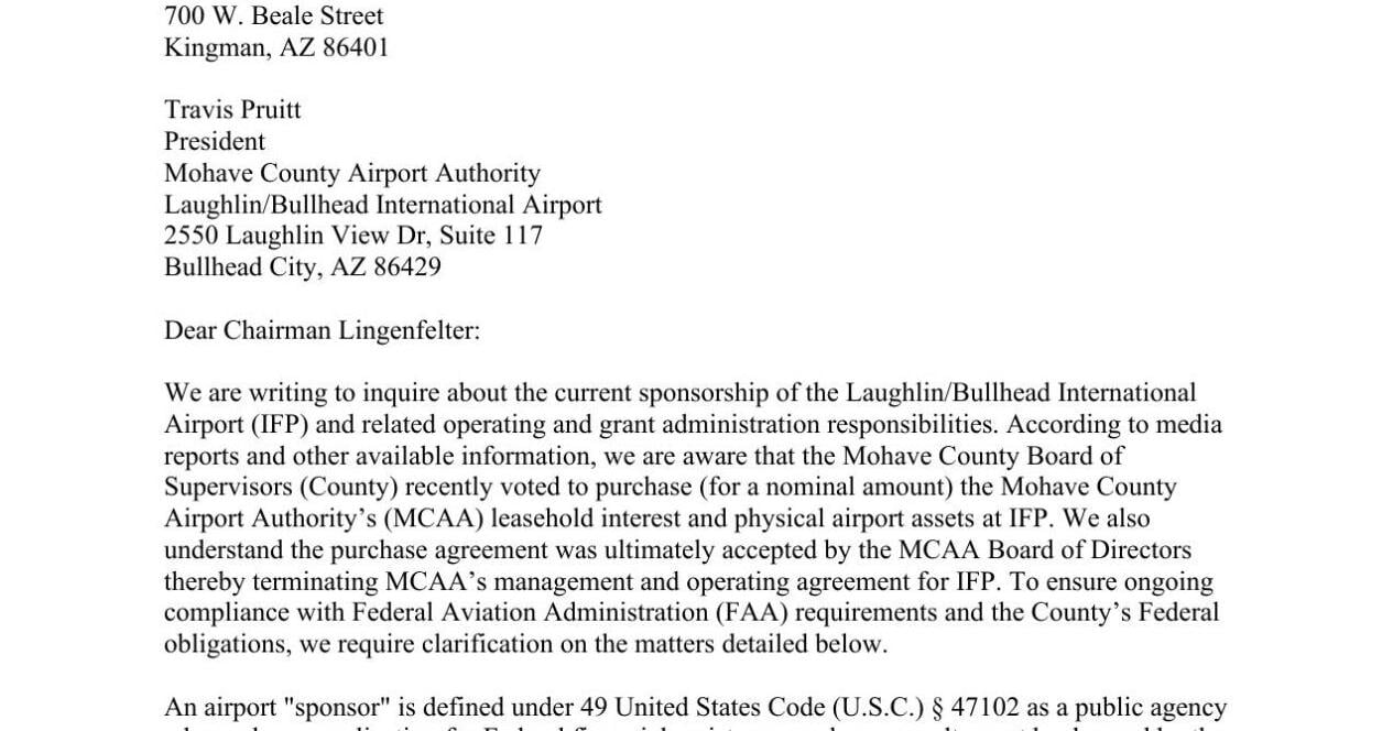 FAA orders Mohave County to apply for Part 139 certificate for Laughlin/Bullhead Airport
