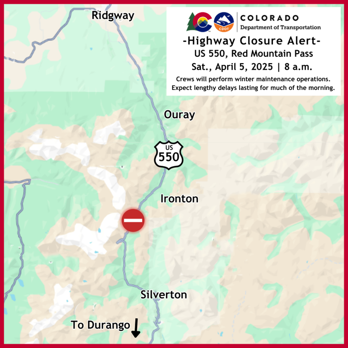 Expect lengthy delays on US 550 for snow removal April 5