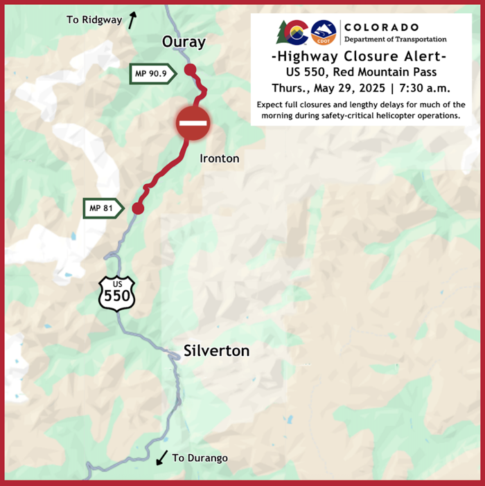 ― Highway Travel Alert ― US 550 Red Mountain Pass set to close Thursday morning for helicopter operations
