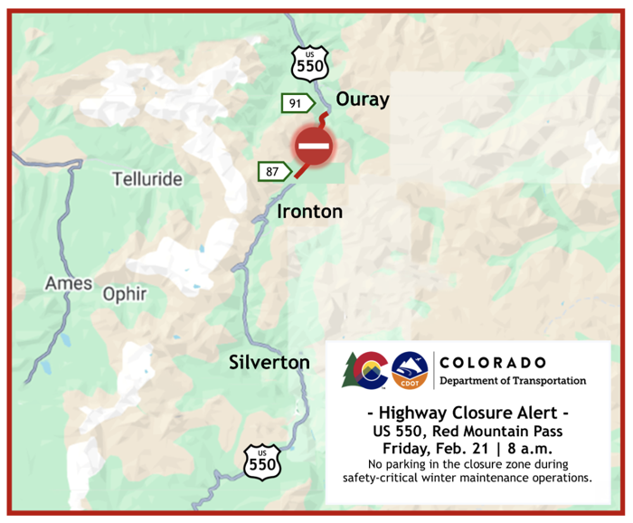 TRAVEL ALERT: Lengthy closures begin Feb. 21 at 8 a.m. on US 550 Red Mountain Pass
