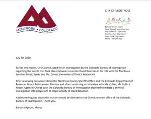 Colorado Bureau of Investigation declines to initiate criminal investigation into Divot's/Summer Music Series controversy