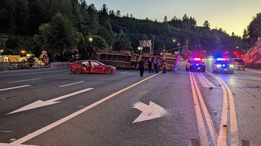 Semitruck overturns across Highway 50 in Placerville El Dorado