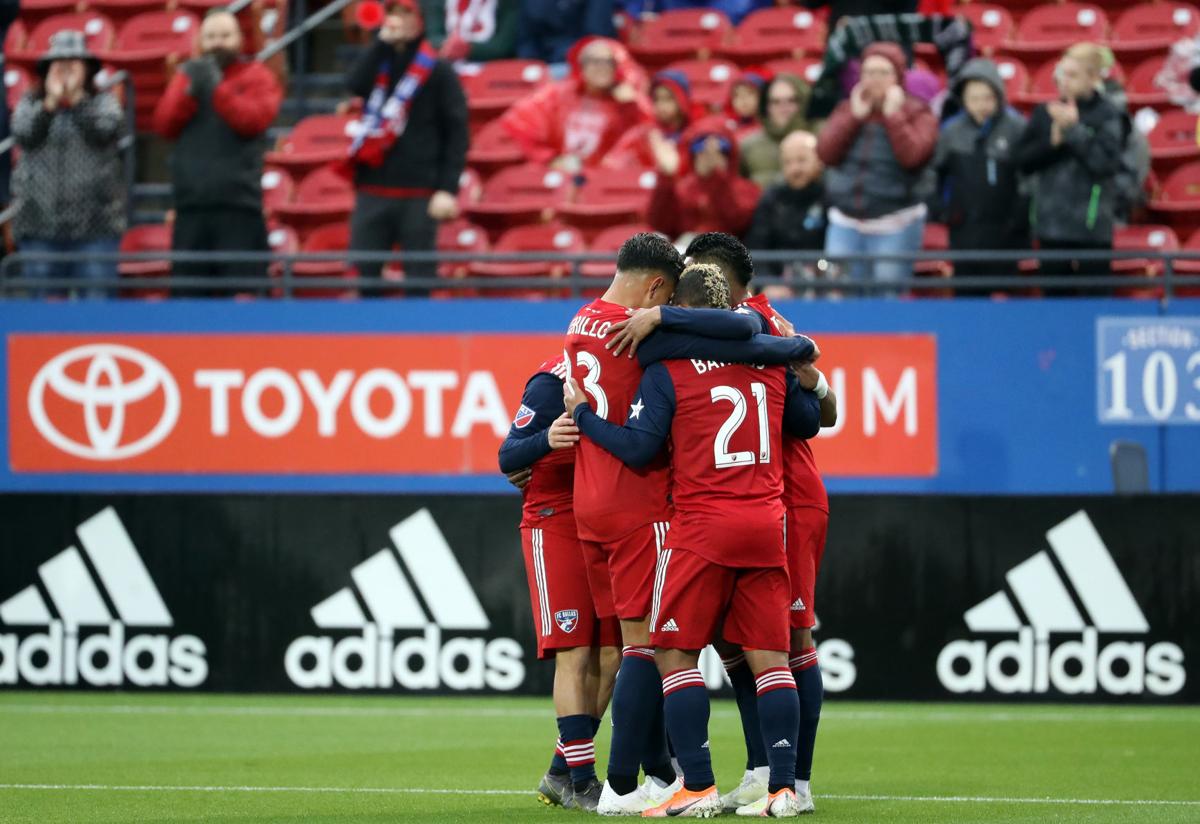 FC Dallas celebrates a goal against the Portland Timbers at Toyota Stadium in Frisco, Texas, on April 13, 2019. At least six FC Dallas players have tested positive for the novel coronavirus, casting doubt on the MLS Is Back tournament's scheduled July 8 start.