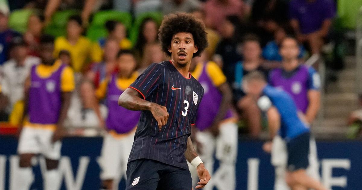 Oct 10, 2025; Austin, Texas, USA; United States defender Chris Richards (3) passes the ball during the second half at Q2 Stadium. Mandatory Credit: Scott Coleman-Imagn Images