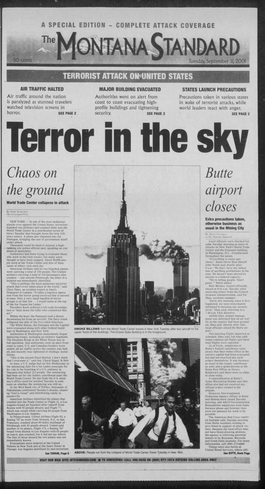 Montana newspapers' special edition front pages from Sept. 11, 2001