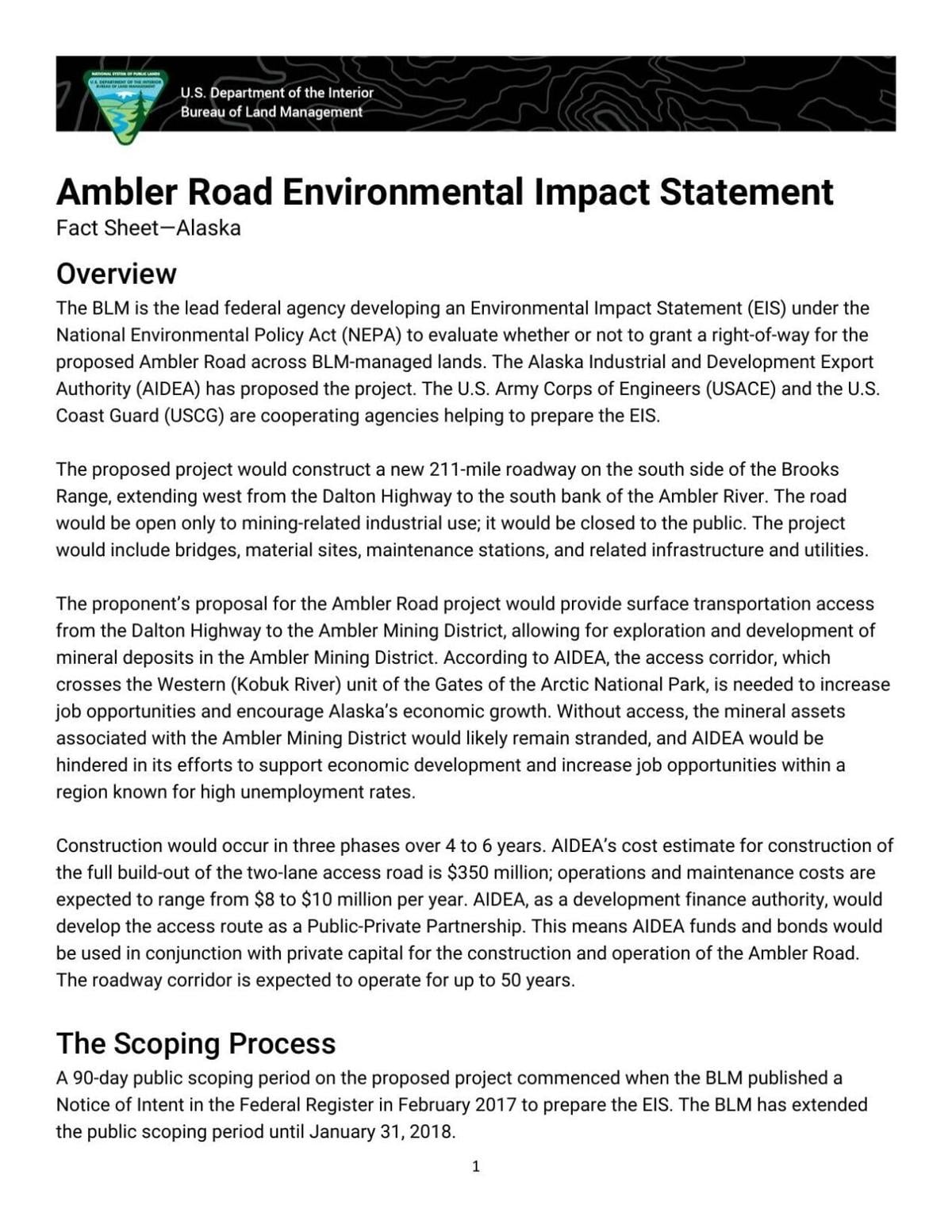 Bureau of Land Management Ambler Road fact sheet