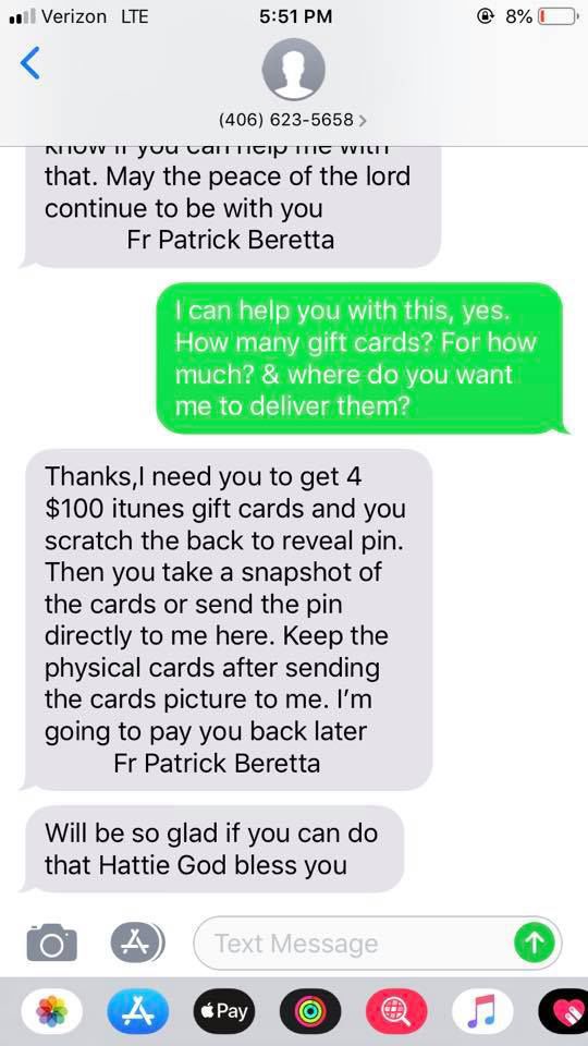 Scammer Poses As Local Catholic Priest Asks Locals For Itunes Gift Cards For Supposed Cancer Patients Local Mtstandard Com