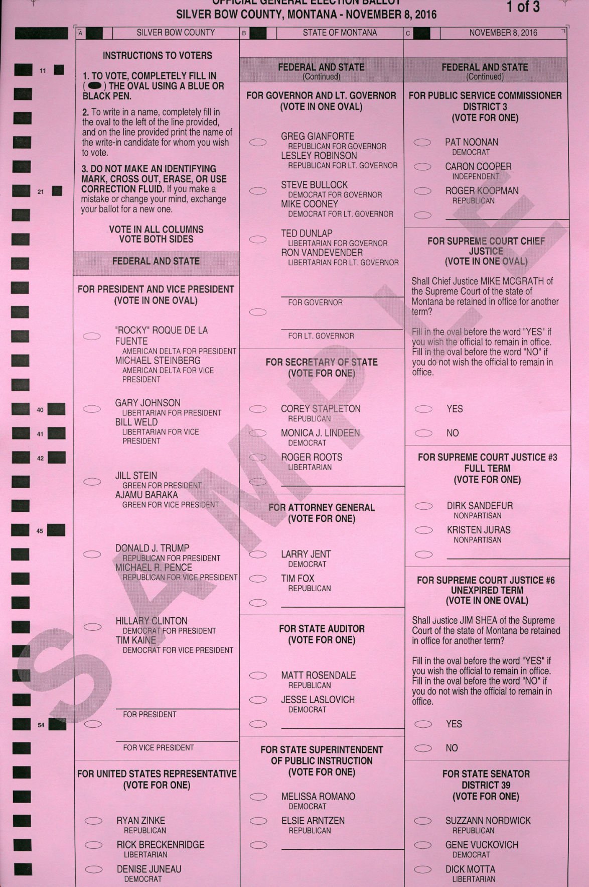 Sample Ballot For Butte-Silver Bow County 2016 General Election