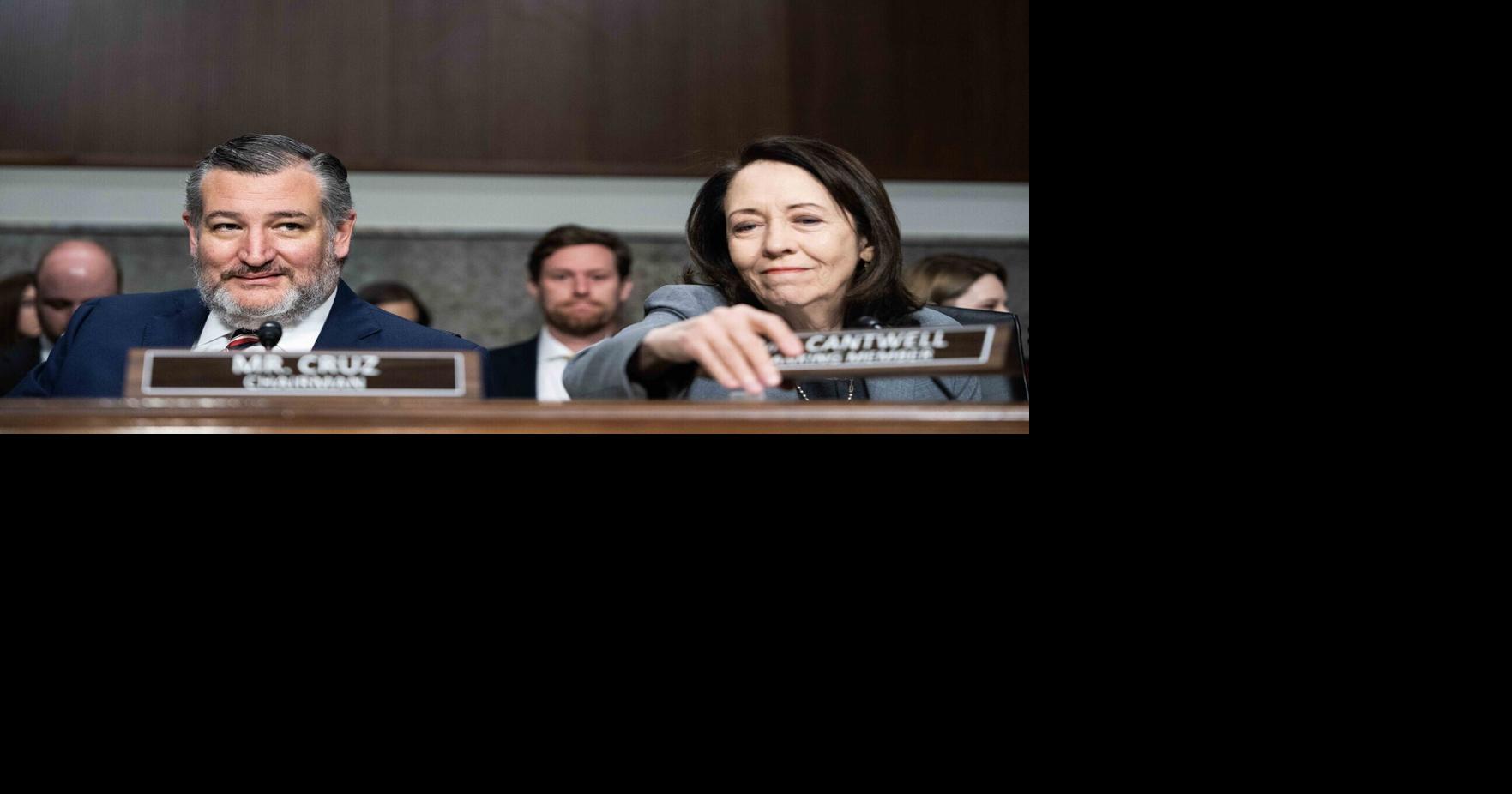 Chairman Ted Cruz and ranking member Maria Cantwell arrive at a Senate Commerce, Science and Transportation Committee hearing on April 2, 2025, in Washington, D.C..