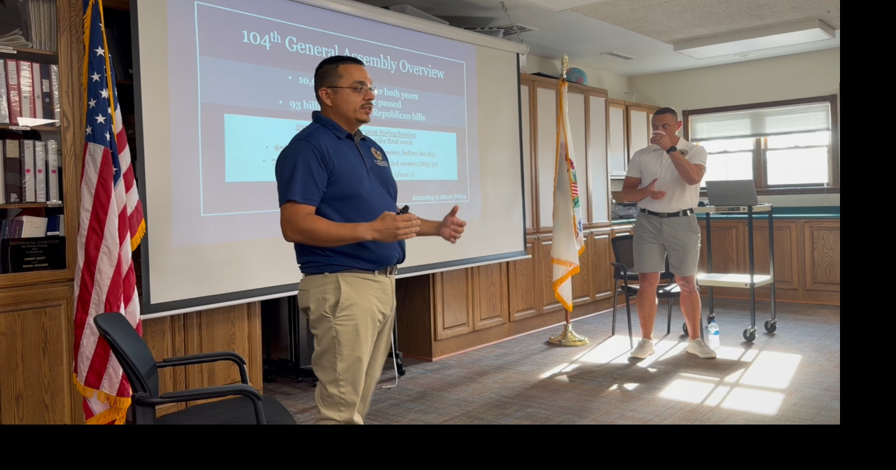 Illinois State Sen. Li Arellano and Neil Anderson speak at a town hall in Port Byron