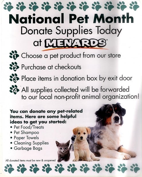 W M Pet donations at Menards