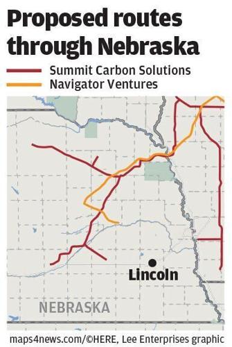 Proposed carbon pipeline routes through Nebraska
