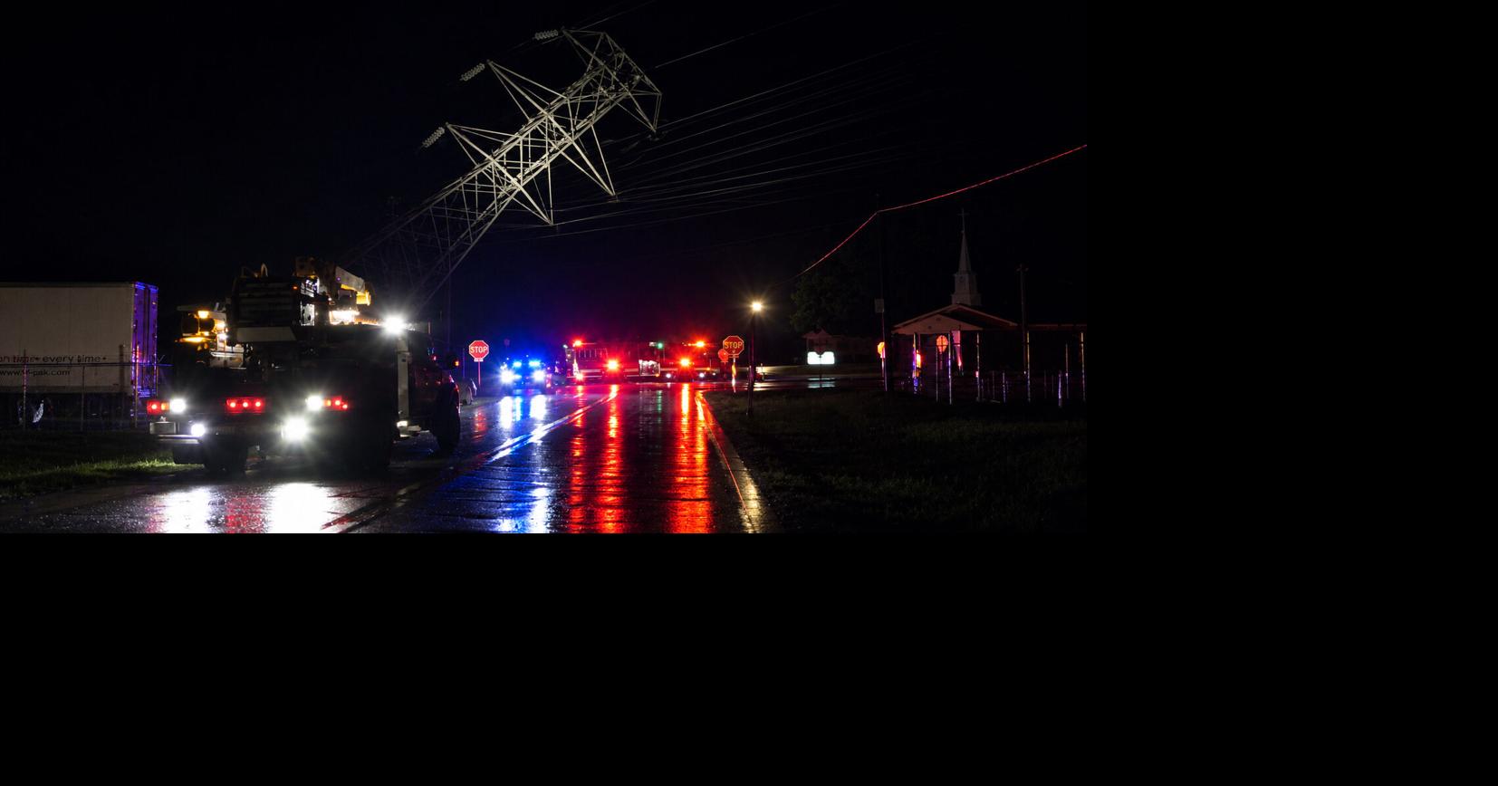Vehicle crash topples transmission tower
