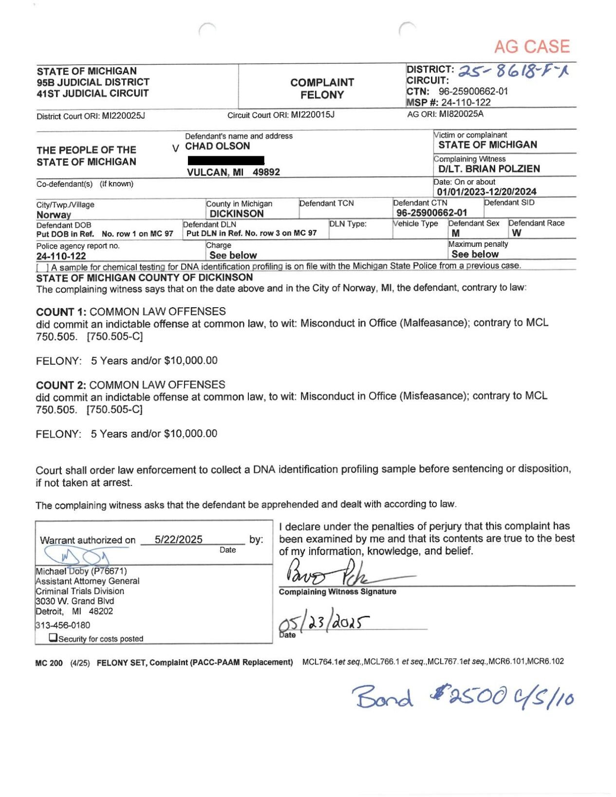 CHARGING DOCUMENT chad olson