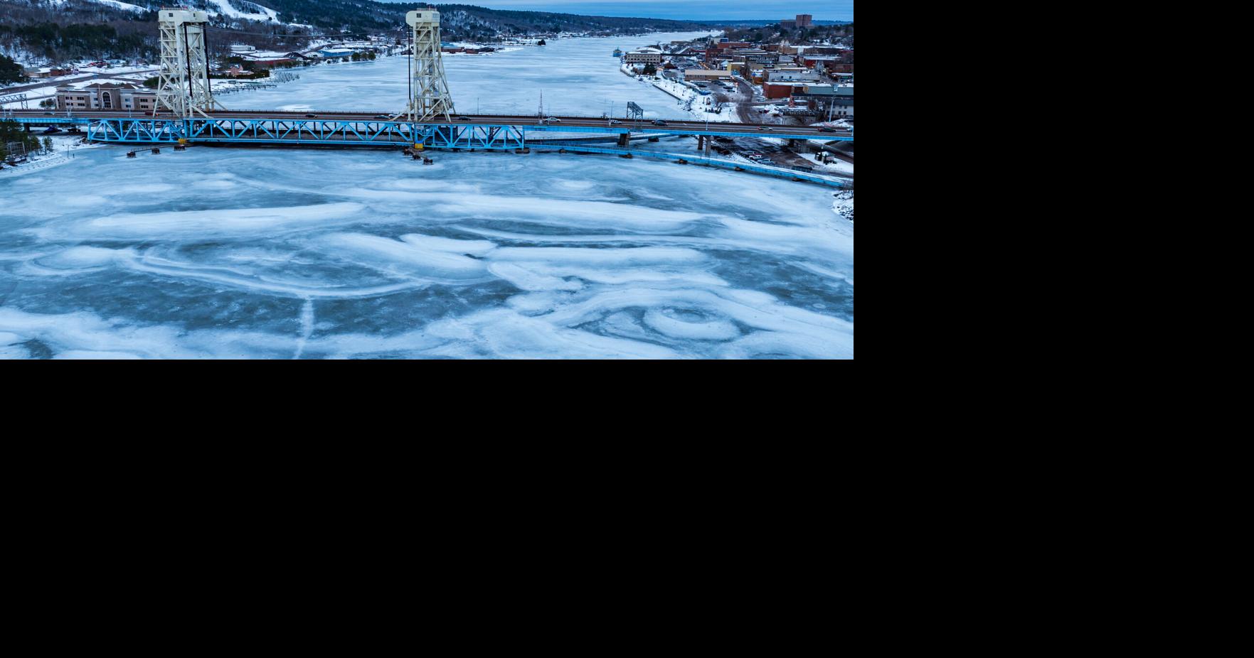 Portage Lake Lift Bridge lower deck opened for snowmobile crossing