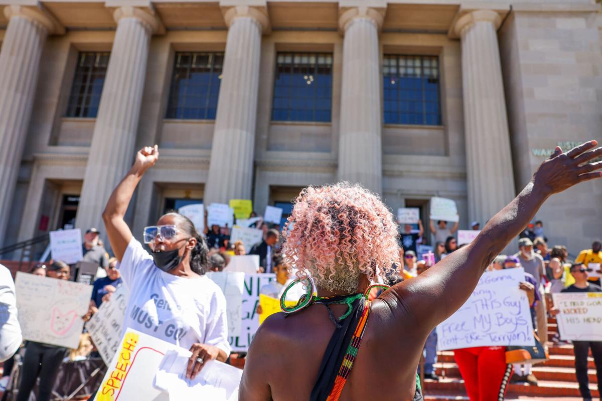 Stephany Maurice and anti-racist police demonstrators protest outside the Wakefield Taylor Courthouse in Martinez, Calif., on Friday, May 19, 2023. They protest against the Antioch Police officers who texted racist stuff, and in support of people who we...