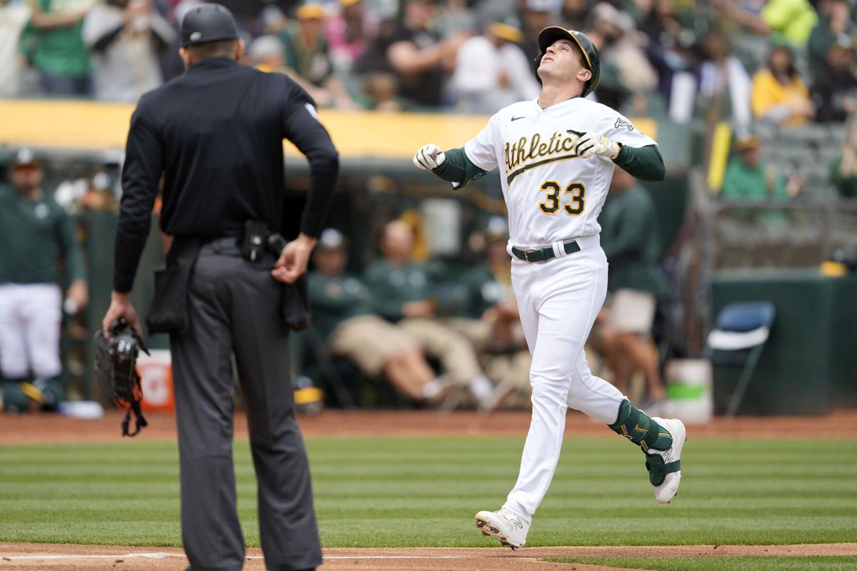 Oakland Athletics left fielder JJ Bleday (33) in the third inning