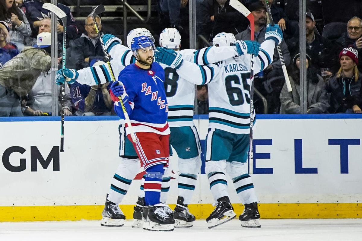 Erik Karlsson scores in OT, Sharks beat Rangers 3-2 for 1st win