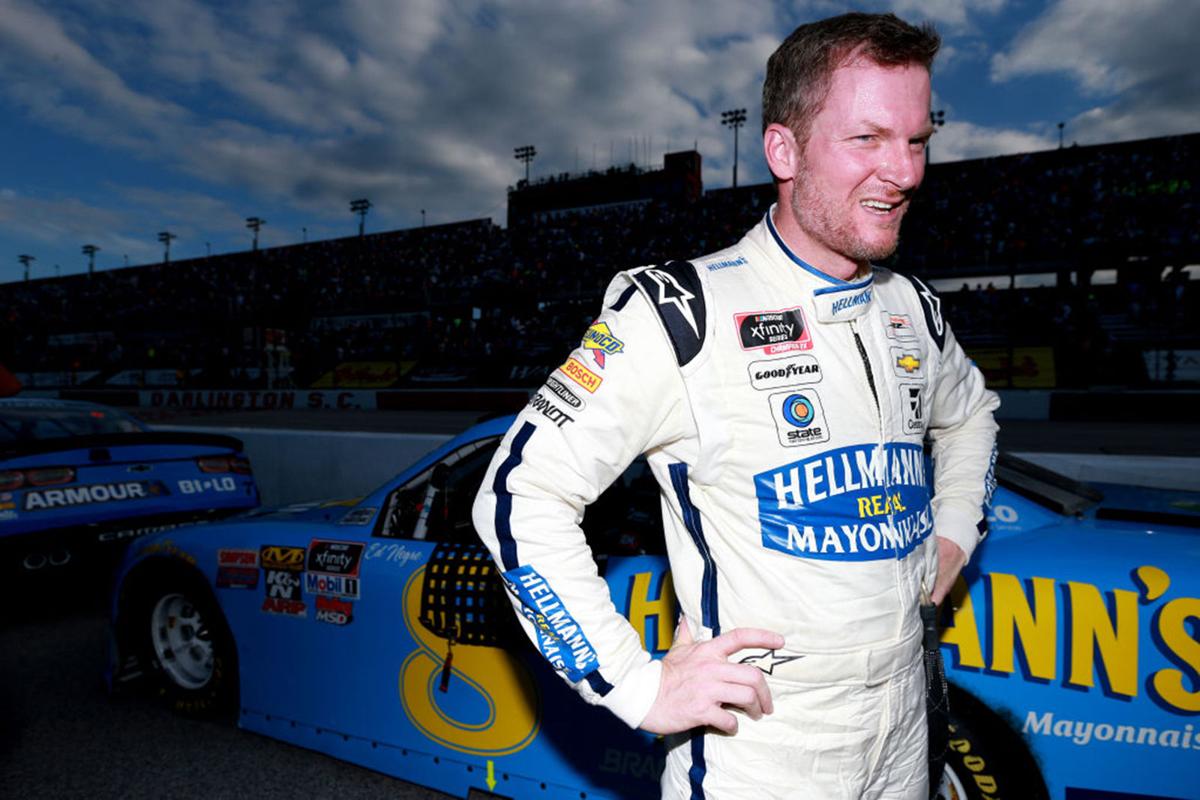 Dale Earnhardt Jr., driver of the #8 Hellmann's Chevrolet, stands next to his car after the NASCAR Xfinity Series Sport Clips Haircuts VFW 200 at Darlington Raceway on August 31, 2019 in Darlington, South Carolina.