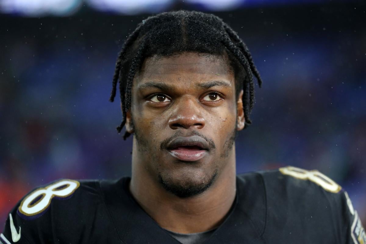 Quarterback Lamar Jackson #8 of the Baltimore Ravens looks on after defeating the San Francisco 49ers at M&T Bank Stadium on Dec. 1, 2019 in Baltimore, Md.