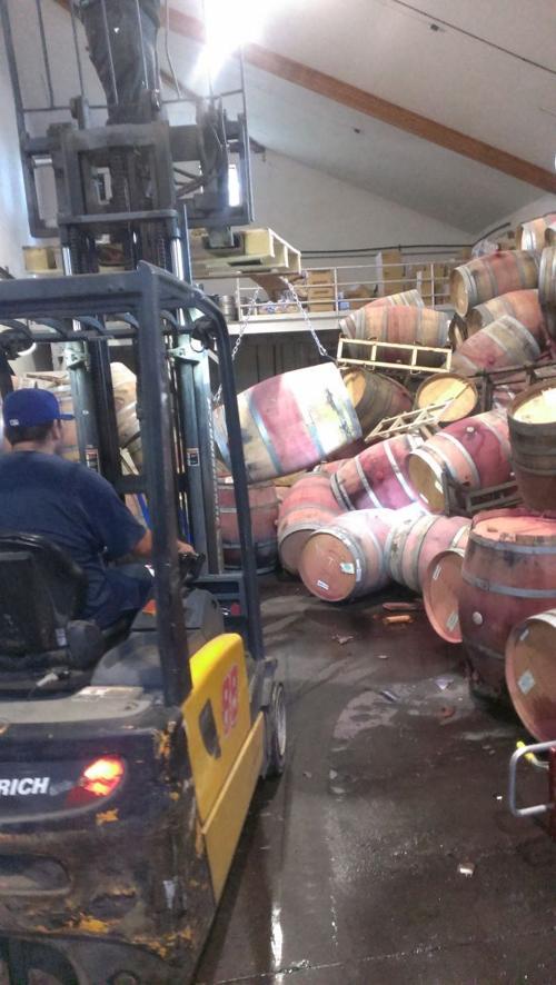 Pulling barrels with a barrel sling after the Napa quake