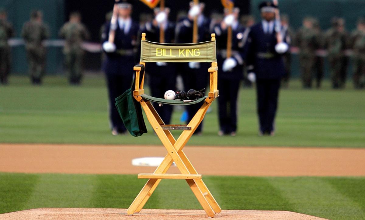 An announcer's chair labeled with Bill King's name is seen with a baseball on the pitcher's mound prior to the Oakland Athletics' home opener with the New York Yankees Monday, April 3, 2006, in Oakland, Calif. The opening pitch silent ceremony was in tribute to Bill King, longtime A's announcer who died in 2005. (AP Photo/Ben Margot)