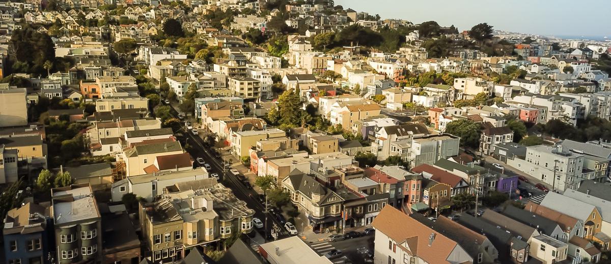 Panoramic top view Castro District under summer foggy in San Francisco