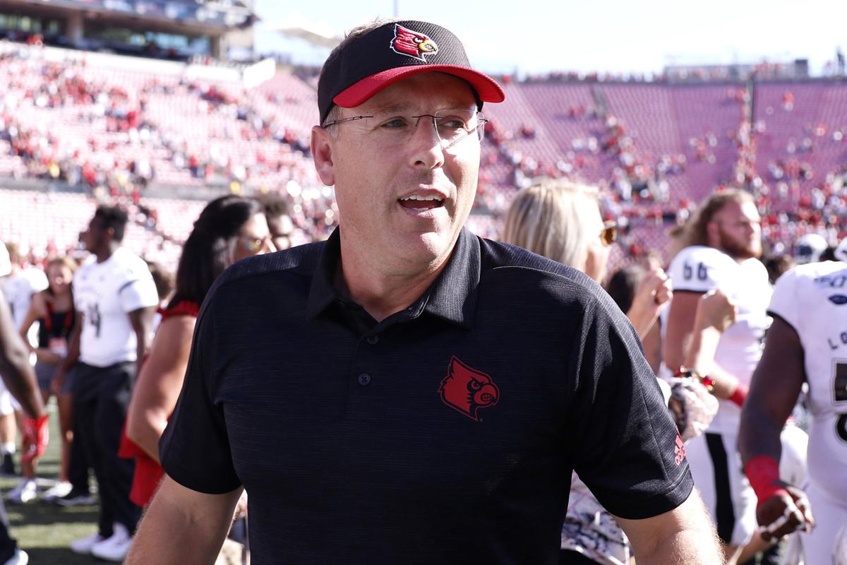 Louisville football coach Scott Satterfield on the field after a win against Boston College on October 5, 2019, at Cardinal Stadium in Louisville, Ky.