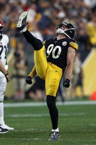 FILE--In this Aug. 20, 2017, file photo, Pittsburgh Steelers linebacker  T.J. Watt (90) leaps to defend during an NFL preseason football game  against the Atlanta Falcons in Pittsburgh. Watt has spent his