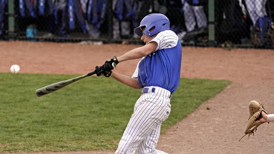 Plainville junior Matthew Hitchcock hitting a two-run RBI double in the third inning of Wednesday’s loss to Middletown.