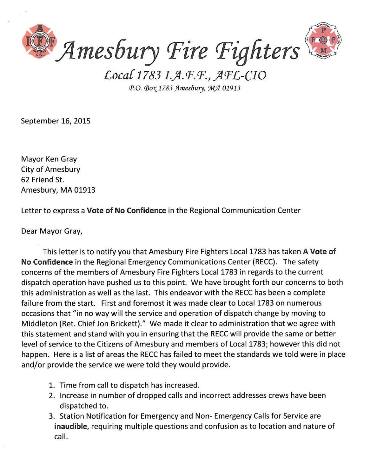 Amesbury Firefighters No Confidence Letter News Newburyportnews Com