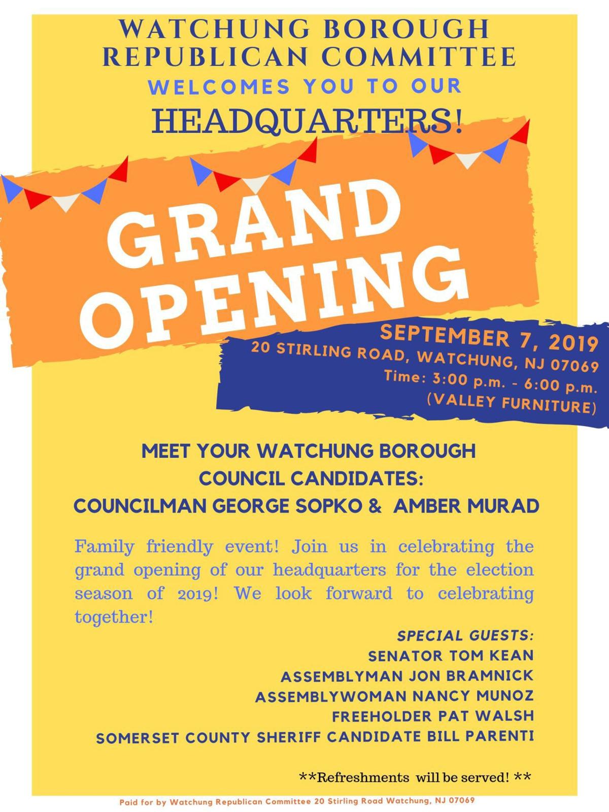 Watchung Republicans To Open Campaign Headquarters With Sept 7