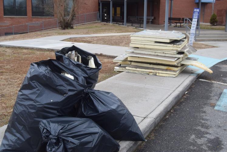 Debris pile at Newport Grammar School