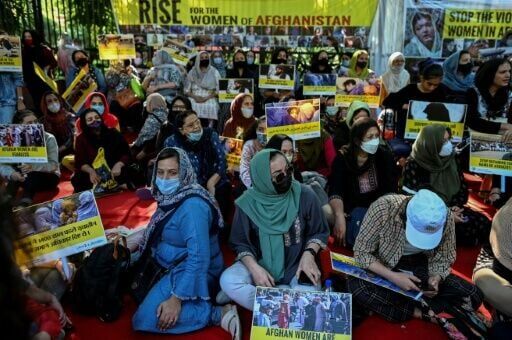 A protest for Afghan women's rights in New Delhi in 2021, the year the Taliban returned to power