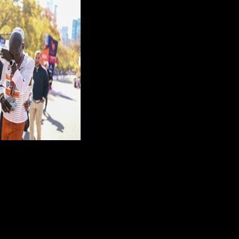 Eliud Kipchoge of Kenya sheds a tear after competing in the 2025 New York Marathon