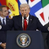 US President Donald Trump delivers a speech during the Gaza Peace Summit in Sharm El-Sheikh, Egypt