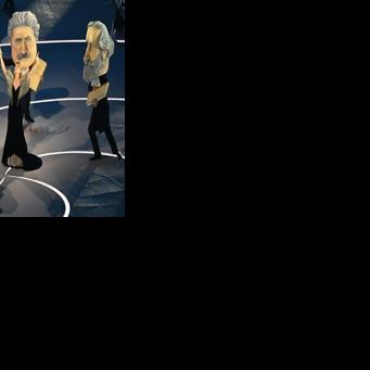 Italian actress Matilda De Angelis performs with dancers dressed as the three great masters of Italian opera -- Giuseppe Verdi, Giacomo Puccini and Gioachino Rossini, during the opening ceremony