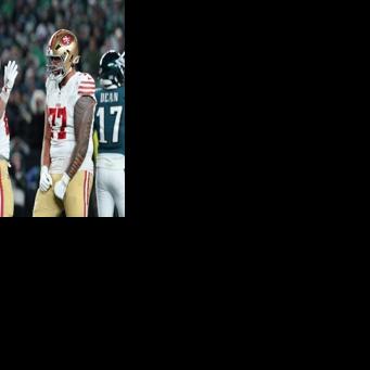 San Francisco's Christian McCaffrey celebrates one of his two fourth-quarter touchdowns in the 49ers playoff upset over the Philadelphia Eagles