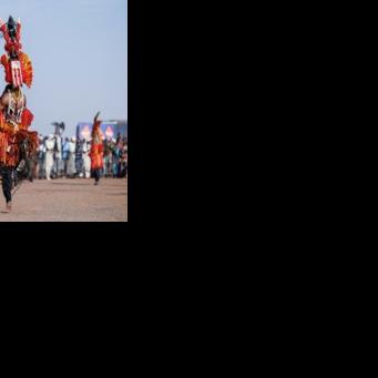 A man from the Dogon ethnic group dances during a ceremony in Bamako in February 2025