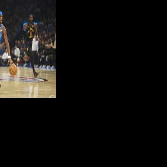 Shai Gilgeous-Alexander of the Oklahoma City Thunder drives to the basket in a lopsided NBA victory over the Los Angeles Lakers