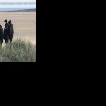 British anti-immigration activists on the beach in Gravelines in northern France on December 5, 2025