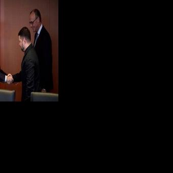 Ukraine's President Volodymyr Zelensky greets US special envoy Steve Witkoff as German Chancellor Friedrich Merz and Jared Kushner, the son-in-law of President Donald Trump, look on